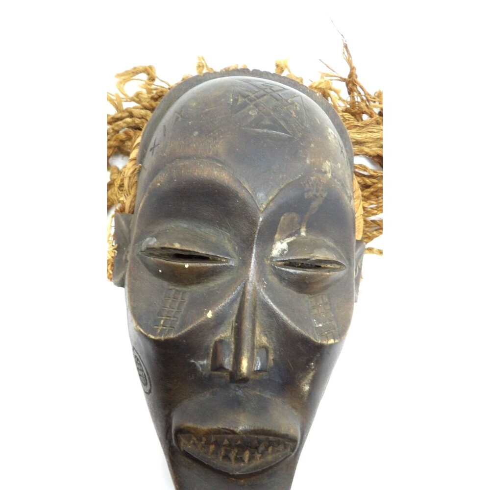 Chokwe Tribal Mask Mwana PWO w Headdress Congo Braided Hand Carved Wood Vintage